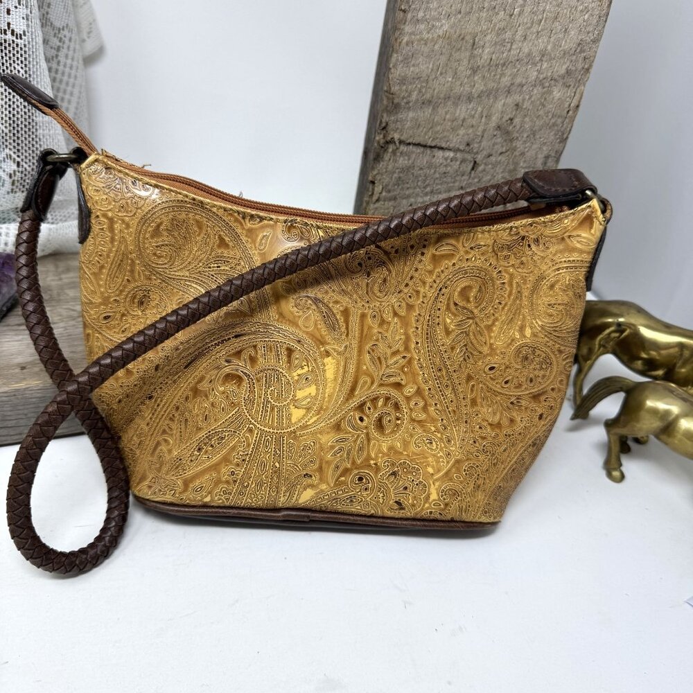 Embossed Tan Paisley Shoulder Bag With Brown Braided Strap By Relic
